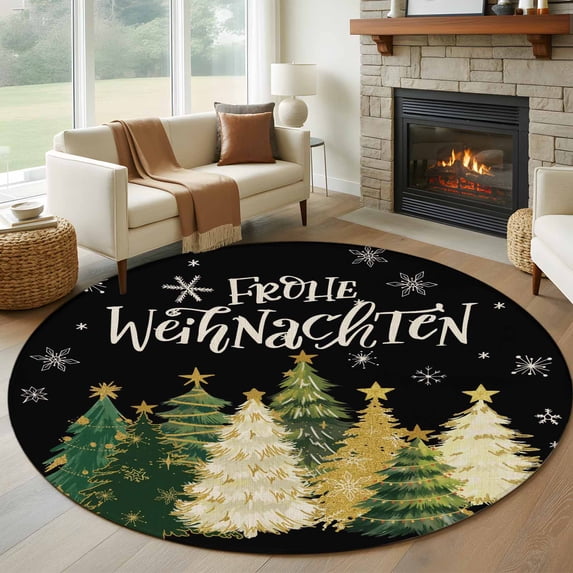 Round Rug 5Ft Washable Non-Slip, Black Christmas Circle Area Rugs for Living Room Bedroom, Xmas Tree Snowflake Farmhouse Indoor Floor Mats Carpet Runner for Home Decor Aesthetic