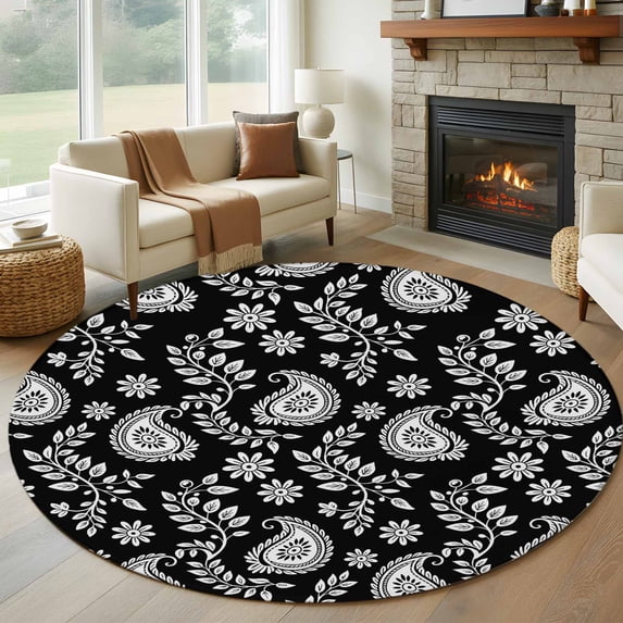 Round Rug 5Ft Washable Non-Slip, Black Paisley Circle Area Rugs for Living Room Bedroom, Ethnic Vintage Floral Botanical Abstract Indoor Floor Mats Carpet Runner for Home Decor Aesthetic