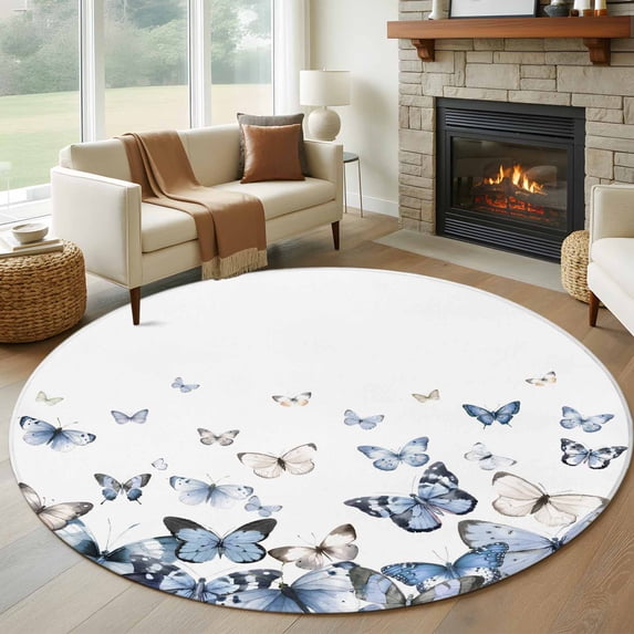 Round Rug 5Ft Washable Non-Slip, Blue Butterflies Circle Area Rugs for Living Room Bedroom, Elegant Pastoral Butterfly Indoor Floor Mats Carpet Runner for Home Decor Aesthetic