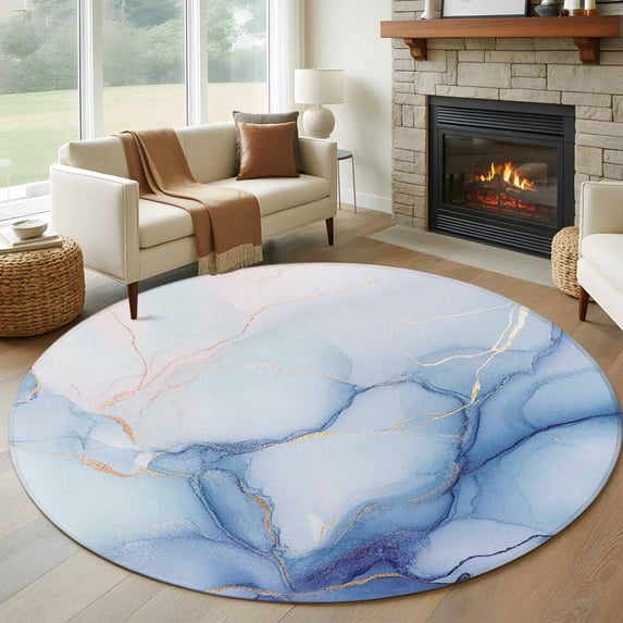 Round Rug 5Ft Washable Non-Slip, Blue Marble Circle Area Rugs for Living Room Bedroom, Gradual Modern Abstract Art Indoor Floor Mats Carpet Runner for Home Decor Aesthetic