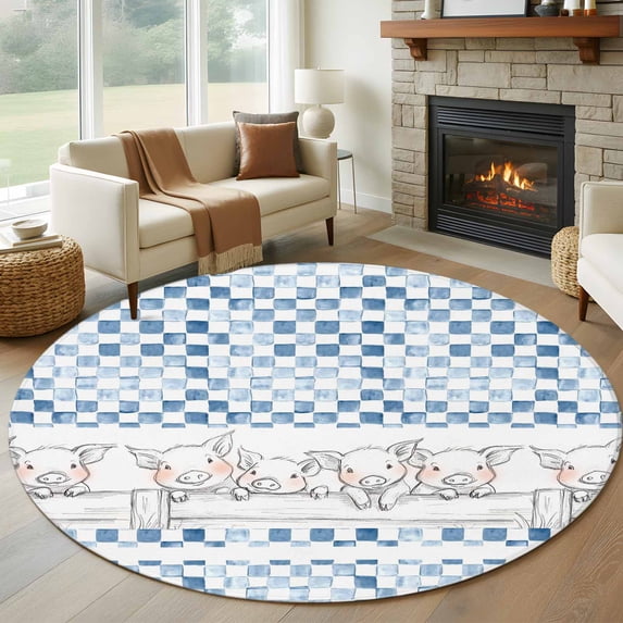 Round Rug 5Ft Washable Non-Slip, Blue Plaid Farmhouse Circle Area Rugs for Living Room Bedroom, Watercolor Cute Country Pigs Checkered Indoor Floor Mats Carpet Runner for Home Decor Aesthetic