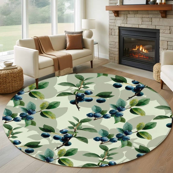Round Rug 5Ft Washable Non-Slip, Blueberry Botanical Circle Area Rugs for Living Room Bedroom, Spring Leaves Branches Farmhouse Indoor Floor Mats Carpet Runner for Home Decor Aesthetic