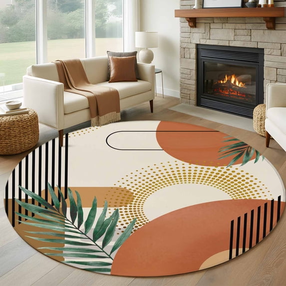 Round Rug 5Ft Washable Non-Slip, Boho Geometric Circle Area Rugs for Living Room Bedroom, Farmhouse Orange Abstract Leaves Stripes Indoor Floor Mats Carpet Runner for Home Decor Aesthetic