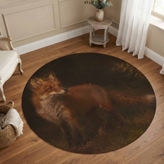 Round Rug 5Ft Washable Non-Slip, Brown Fox Circle Area Rugs for Living Room Bedroom, Vintage Wildlife Rustic Country Indoor Floor Mats Carpet Runner for Home Decor