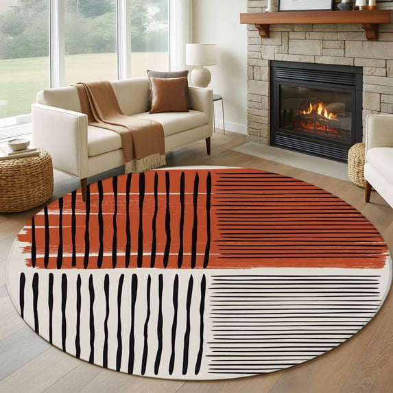 Round Rug 5Ft Washable Non-Slip, Brown Striped Circle Area Rugs for Living Room Bedroom, Farmhouse Stripes Modern Abstract Art Indoor Floor Mats Carpet Runner for Home Decor Aesthetic