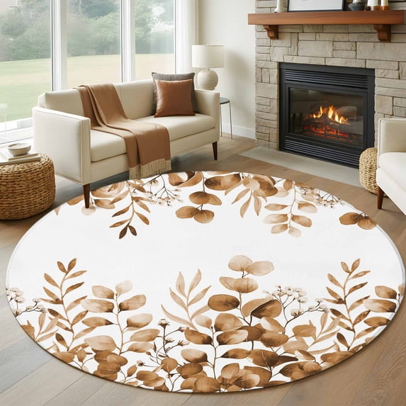 Round Rug 5Ft Washable Non-Slip, Brown Yellow Eucalyptus Leaves Circle Area Rugs for Living Room Bedroom, Watercolor Spring Summer Botanical Indoor Floor Mats Carpet Runner for Home Decor Aesthetic