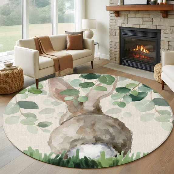Round Rug 5Ft Washable Non-Slip, Easter Circle Area Rugs for Living Room Bedroom, Country Spring Rabbit Botanical Eucalyptus Leaves Indoor Floor Mats Carpet Runner for Home Decor Aesthetic