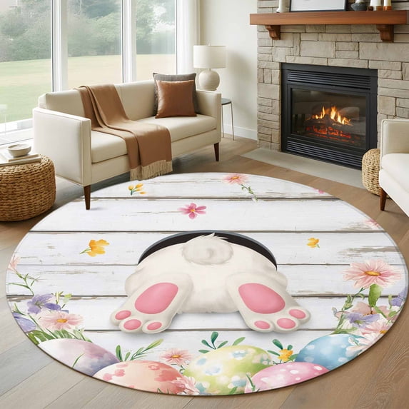 Round Rug 5Ft Washable Non-Slip, Easter Circle Area Rugs for Living Room Bedroom, Spring Bunny Feet Eggs Floral Herb Wooden Plank Indoor Floor Mats Carpet Runner for Home Decor Aesthetic
