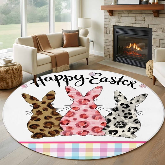 Round Rug 5Ft Washable Non-Slip, Easter Circle Area Rugs for Living Room Bedroom, Spring Colorful Leopard Printed Bunny Flower Striped Indoor Floor Mats Carpet Runner for Home Decor Aesthetic