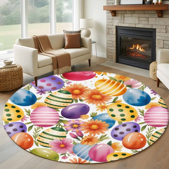 Round Rug 5Ft Washable Non-Slip, Easter Colorful Eggs Circle Area Rugs for Living Room Bedroom, Farmhouse Floral Polka Dot Indoor Floor Mats Carpet Runner for Home Decor Aesthetic