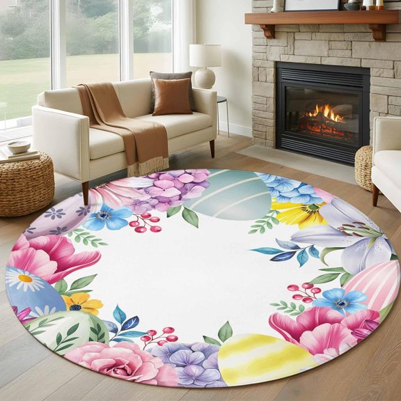 Round Rug 5Ft Washable Non-Slip, Easter Flowers Circle Area Rugs for Living Room Bedroom, Eggs Spring Colorful Tulips Daisy Berries Indoor Floor Mats Carpet Runner for Home Decor Aesthetic