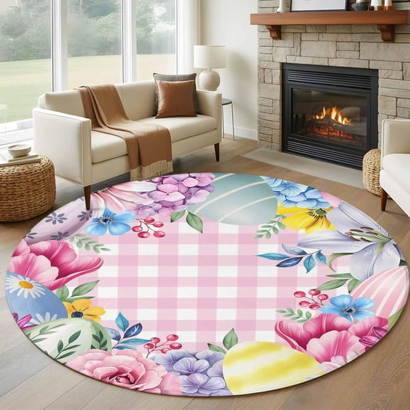 Round Rug 5Ft Washable Non-Slip, Easter Flowers Circle Area Rugs for Living Room Bedroom, Eggs Spring Floral Rustic Pink Checkered Indoor Floor Mats Carpet Runner for Home Decor Aesthetic