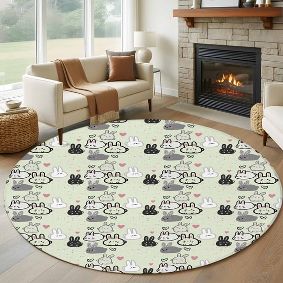 Round Rug 5Ft Washable Non-Slip, Easter Rabbit Circle Area Rugs for Living Room Bedroom, Cartoon Cute Bunny Sketch on Green Indoor Floor Mats Carpet Runner for Home Decor Aesthetic
