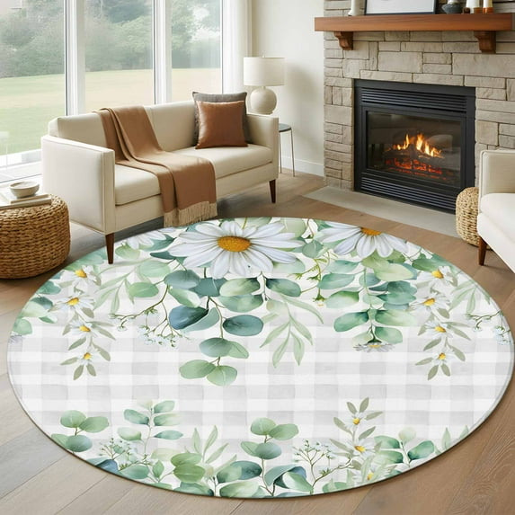 Round Rug 5Ft Washable Non-Slip, Eucalyptus Leaves Circle Area Rugs for Living Room Bedroom, Spring Daily Flowers Plants Gray Plaid Indoor Floor Mats Carpet Runner for Home Decor Aesthetic