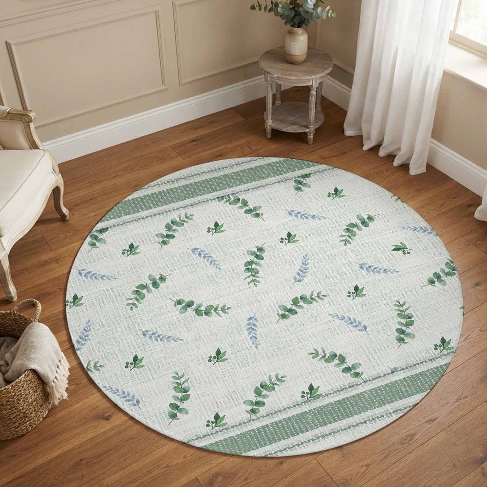 Round Rug 5Ft Washable Non-Slip, Green Leaves Circle Area Rugs for ...