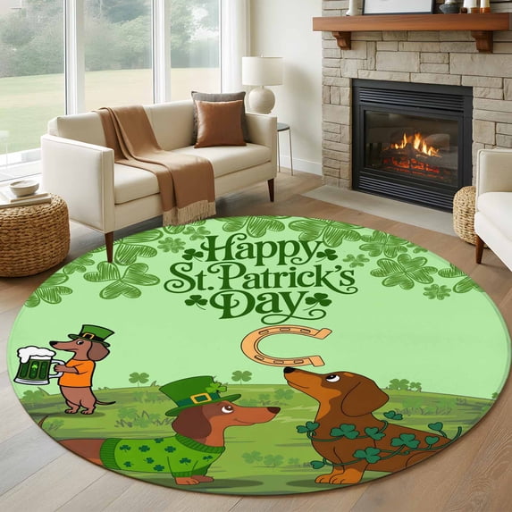 Round Rug 5Ft Washable Non-Slip, Green St. Patrick's Day Circle Area Rugs for Living Room Bedroom, Green Lucky Clovers Dog Indoor Floor Mats Carpet Runner for Home Decor Aesthetic