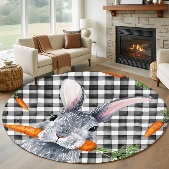 Round Rug 5Ft Washable Non-Slip, Grey Bunny Easter Circle Area Rugs for Living Room Bedroom, Rabbits Spring Botanical Black White Plaid Indoor Floor Mats Carpet Runner for Home Decor Aesthetic