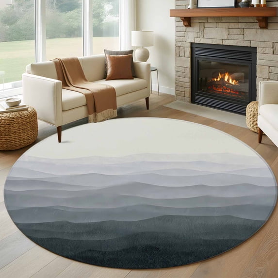 Round Rug 5Ft Washable Non-Slip, Grey Coastal Wave Circle Area Rugs for Living Room Bedroom, Summer Ocean Nautical Beach Ombre Indoor Floor Mats Carpet Runner for Home Decor Aesthetic