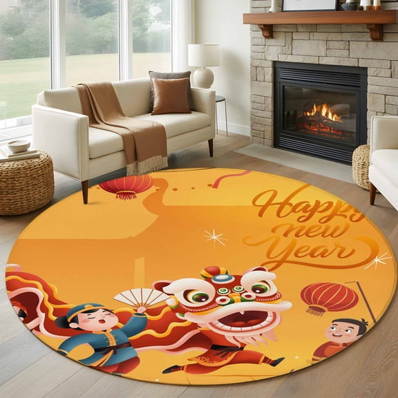 Round Rug 5Ft Washable Non-Slip, Happy New Year Circle Area Rugs for Living Room Bedroom, Spring Festival Red Yellow Dragon Dance Indoor Floor Mats Carpet Runner for Home Decor Aesthetic