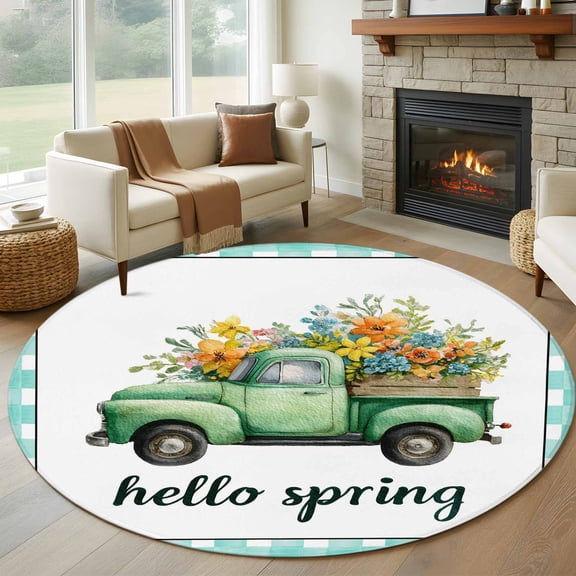 Round Rug 5Ft Washable Non-Slip, Hello Spring Circle Area Rugs for Living Room Bedroom, Easter Flowers Green Truck Floral Blue Plaid Indoor Floor Mats Carpet Runner for Home Decor Aesthetic