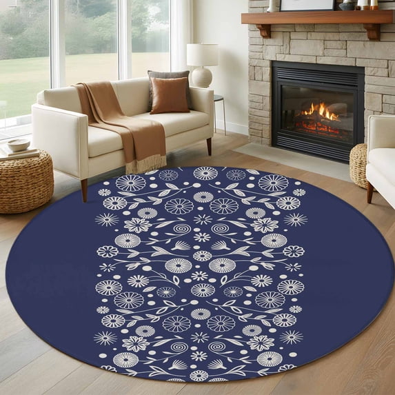 Round Rug 5Ft Washable Non-Slip, Japanese Circle Area Rugs for Living Room Bedroom, Navy Blue Country Flowers Leaves Aesthetic Indoor Floor Mats Carpet Runner for Home Decor Aesthetic