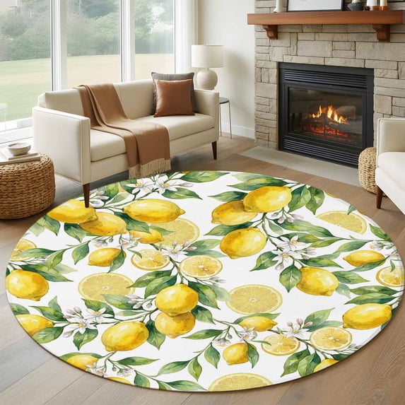 Round Rug 5Ft Washable Non-Slip, Lemon Circle Area Rugs for Living Room Bedroom, Yellow Fruits Summer Watercolor Botanical Leaf Plant Indoor Floor Mats Carpet Runner for Home Decor Aesthetic