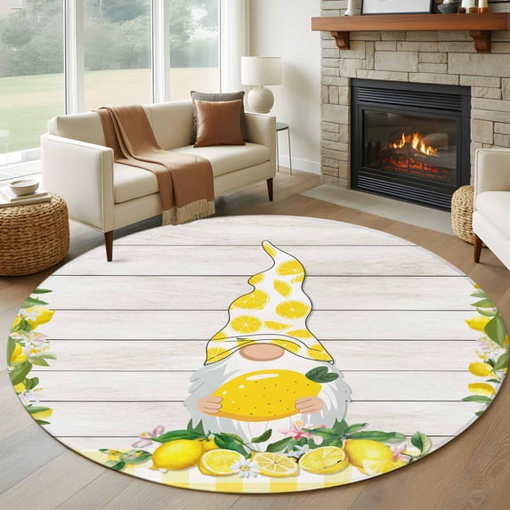 Round Rug 5Ft Washable Non-Slip, Lemon Gnomes Circle Area Rugs for Living Room Bedroom, Summer Country Yellow Fruit Wooden Plaid Indoor Floor Mats Carpet Runner for Home Decor Aesthetic