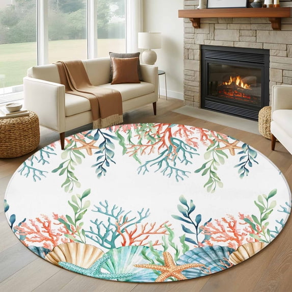 Round Rug 5Ft Washable Non-Slip, Marine Life Circle Area Rugs for Living Room Bedroom, Nautical Underwater Coral Shell Starfish Watercolor Indoor Floor Mats Carpet Runner for Home Decor Aesthetic