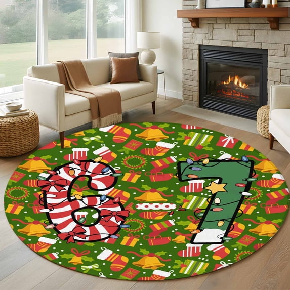 Round Rug 5Ft Washable Non-Slip, Merry Christmas Circle Area Rugs for Living Room Bedroom, Winter Xmas Stockings Gifts Cartoon Green Indoor Floor Mats Carpet Runner for Home Decor Aesthetic