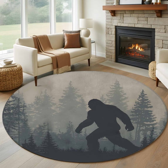 Round Rug 5Ft Washable Non-Slip, Misty Forest Circle Area Rugs for Living Room Bedroom, Pine Trees Gray Foggy Vintage Rustic Indoor Floor Mats Carpet Runner for Home Decor Aesthetic