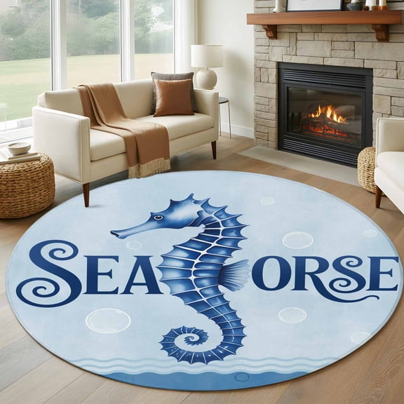 Round Rug 5Ft Washable Non-Slip, Navy Blue Seahorse Circle Area Rugs for Living Room Bedroom, Summer Coastal Bubbles Ocean Waves Indoor Floor Mats Carpet Runner for Home Decor Aesthetic