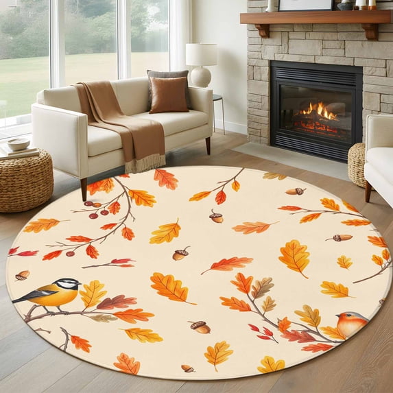 Round Rug 5Ft Washable Non-Slip, Orange Leaves Fall Circle Area Rugs for Living Room Bedroom, Birds Branches Pine Cones Indoor Floor Mats Carpet Runner for Home Decor Aesthetic