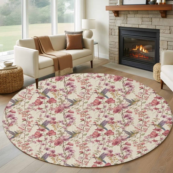 Round Rug 5Ft Washable Non-Slip, Pink Beige Flowers Circle Area Rugs for Living Room Bedroom, Spring Floral Elegant Pastoral Rustic Indoor Floor Mats Carpet Runner for Home Decor Aesthetic