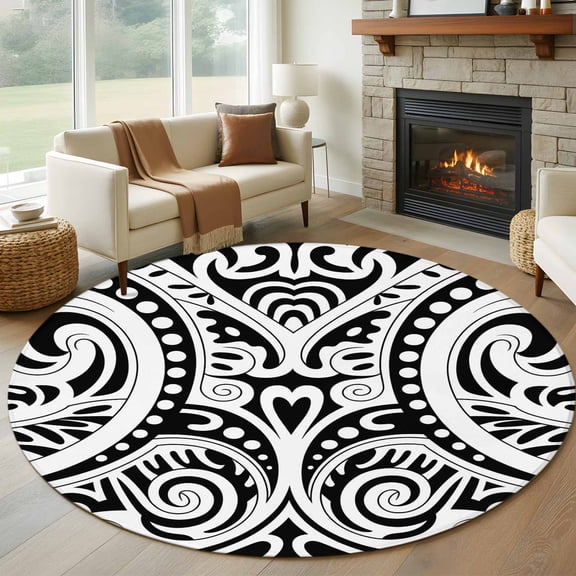 Round Rug 5Ft Washable Non-Slip, Polynesia Texture Circle Area Rugs for Living Room Bedroom, Retro Floral Tribe Abstract Art Black Indoor Floor Mats Carpet Runner for Home Decor Aesthetic