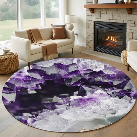 Round Rug 5Ft Washable Non-Slip, Purple Black Geometric Circle Area Rugs for Living Room Bedroom, Modern Abstract Crystals Artwork Indoor Floor Mats Carpet Runner for Home Decor Aesthetic