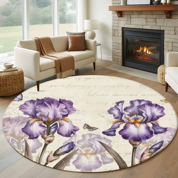 Round Rug 5Ft Washable Non-Slip, Purple Iris Circle Area Rugs for Living Room Bedroom, Spring Vintage Butterfly Leaves Flowers Beige Indoor Floor Mats Carpet Runner for Home Decor Aesthetic
