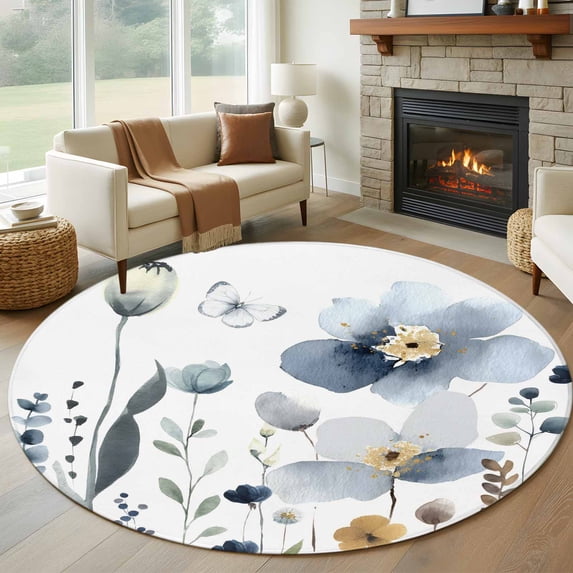 Round Rug 5Ft Washable Non-Slip, Spring Blue Floral Circle Area Rugs for Living Room Bedroom, Country Garden Wildflowers Botanical Indoor Floor Mats Carpet Runner for Home Decor Aesthetic