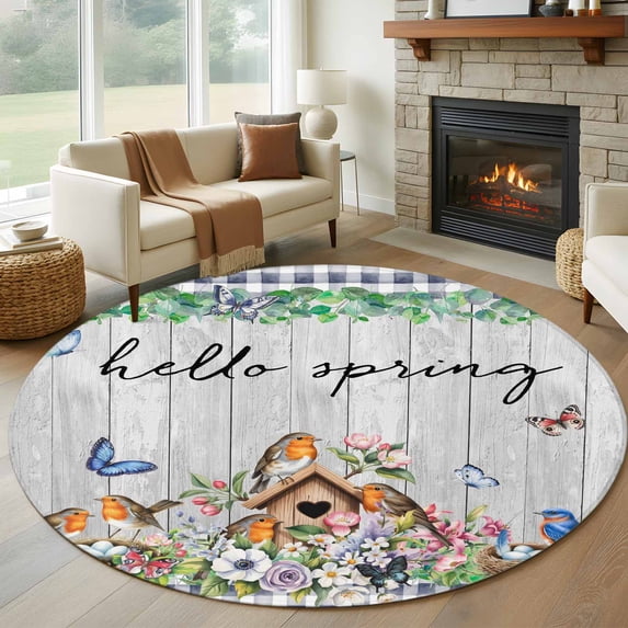 Round Rug 5Ft Washable Non-Slip, Spring Botanical Circle Area Rugs for Living Room Bedroom, Vintage Black Plaid Brown Wooden Grain Indoor Floor Mats Carpet Runner for Home Decor Aesthetic