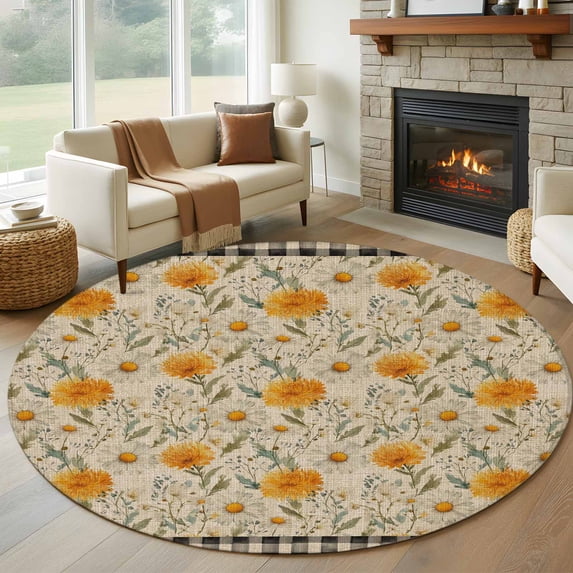 Round Rug 5Ft Washable Non-Slip, Spring Daisy Circle Area Rugs for Living Room Bedroom, Country Vintage Yellow White Floral Leaf Plaid Indoor Floor Mats Carpet Runner for Home Decor Aesthetic
