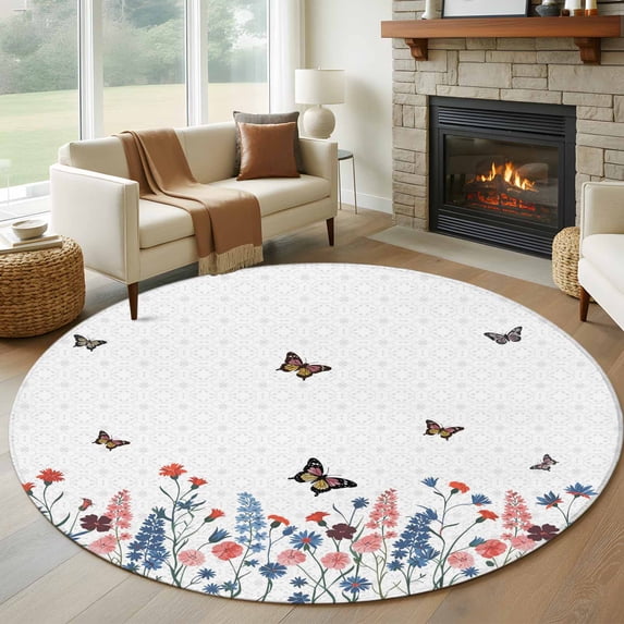 Round Rug 5Ft Washable Non-Slip, Spring Floral Butterfly Circle Area Rugs for Living Room Bedroom, Farmhouse Flowers Botanical Indoor Floor Mats Carpet Runner for Home Decor Aesthetic