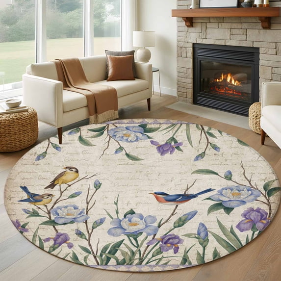 Round Rug 5Ft Washable Non-Slip, Spring Flowers Circle Area Rugs for Living Room Bedroom, Vintage Floral Leaves Birds Pastoral Botanical Indoor Floor Mats Carpet Runner for Home Decor Aesthetic