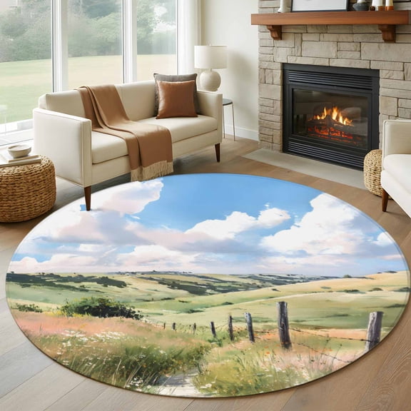Round Rug 5Ft Washable Non-Slip, Spring Grassland Circle Area Rugs for Living Room Bedroom, Nature Blue Sky Mountain Scenery Indoor Floor Mats Carpet Runner for Home Decor Aesthetic