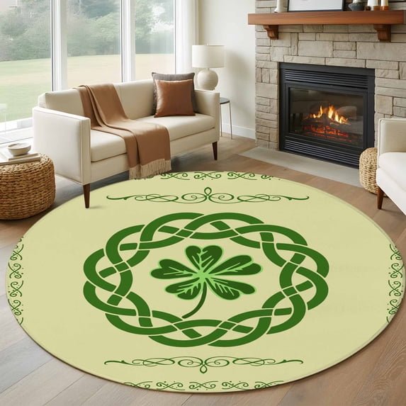 Round Rug 5Ft Washable Non-Slip, St. Patrick's Day Circle Area Rugs for Living Room Bedroom, Farmhouse Green Lucky Clovers Border Indoor Floor Mats Carpet Runner for Home Decor Aesthetic
