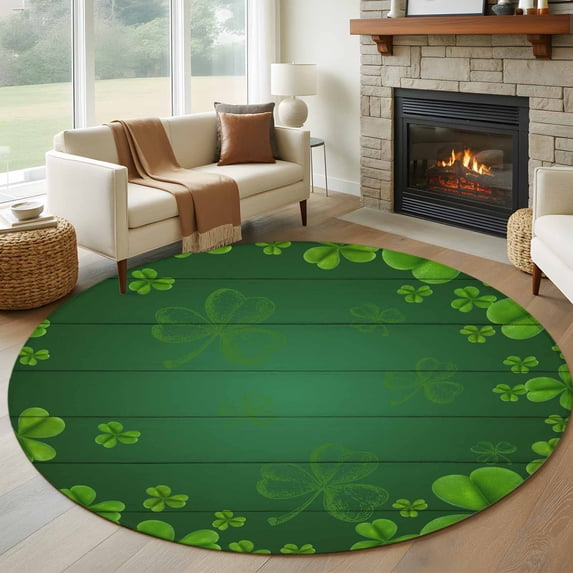 Round Rug 5Ft Washable Non-Slip, St. Patrick's Day Circle Area Rugs for Living Room Bedroom, Green Shamrock Wooden Grain Spring Indoor Floor Mats Carpet Runner for Home Decor Aesthetic