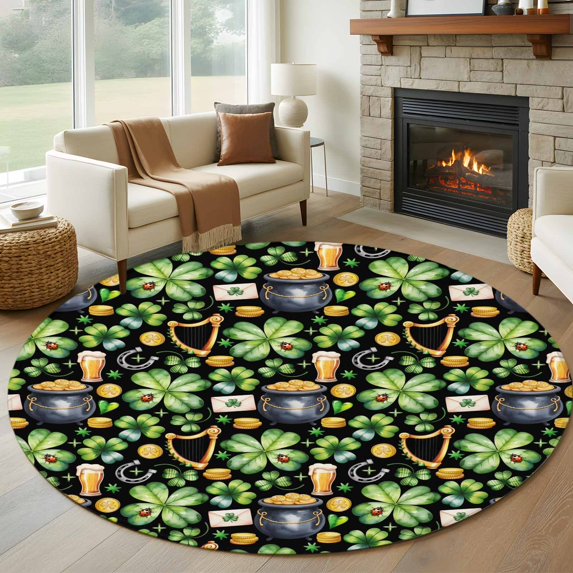 Round Rug 5Ft Washable Non-Slip, St. Patrick's Day Circle Area Rugs for Living Room Bedroom, Luck Shamrocks Beer Harp Horseshoes Envelope Indoor Floor Mats Carpet Runner for Home Decor Aesthetic