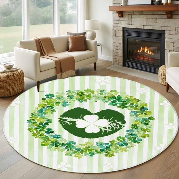 Round Rug 5Ft Washable Non-Slip, St. Patrick's Day Circle Area Rugs for Living Room Bedroom, Lucky Shamrock Wreath Lips Green Stripes Indoor Floor Mats Carpet Runner for Home Decor Aesthetic