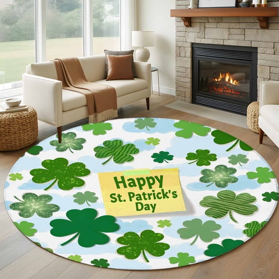 Round Rug 5Ft Washable Non-Slip, St. Patrick's Day Circle Area Rugs for Living Room Bedroom, Spring Lucky Green Shamrock Cloud Blue Indoor Floor Mats Carpet Runner for Home Decor Aesthetic