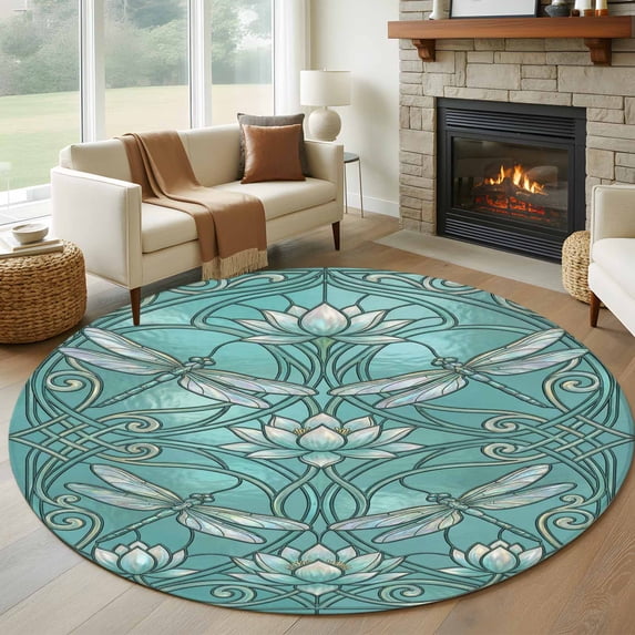 Round Rug 5Ft Washable Non-Slip, Teal Dragonfly Circle Area Rugs for Living Room Bedroom, Vintage Geometric Glass Animal Flower Indoor Floor Mats Carpet Runner for Home Decor Aesthetic