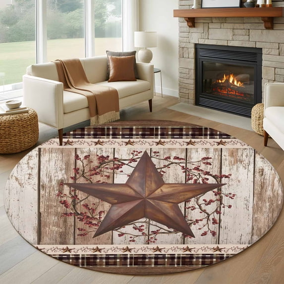 Round Rug 5Ft Washable Non-Slip, Texas Star Vintage Circle Area Rugs for Living Room Bedroom, Brown Retro Art Red Berry Wooden Indoor Floor Mats Carpet Runner for Home Decor Aesthetic