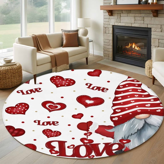 Round Rug 5Ft Washable Non-Slip, Valentine's Day Gnomes Circle Area Rugs for Living Room Bedroom, Love Heart Red Indoor Floor Mats Carpet Runner for Home Decor Aesthetic